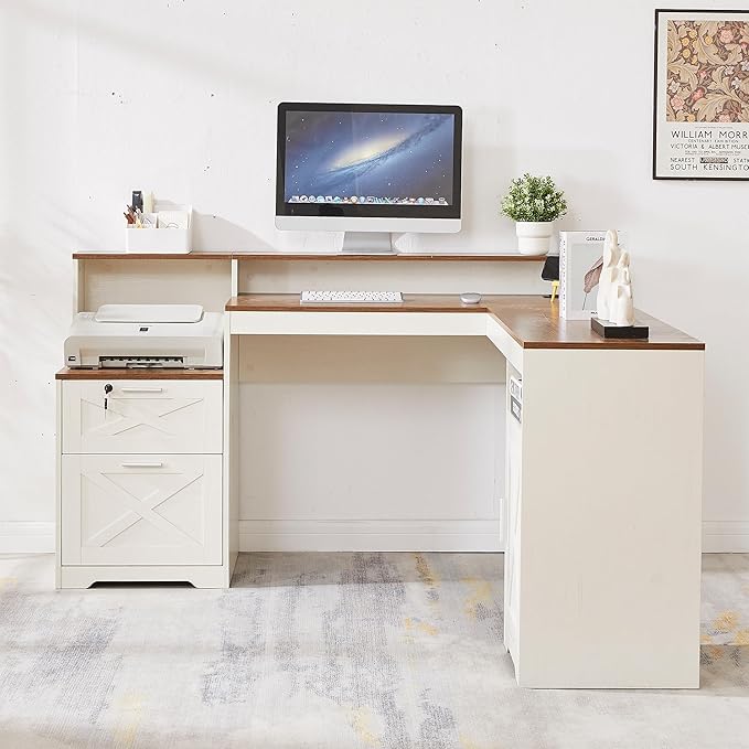 60 L Shaped Executive Desk with Printer SpaceCorner Computer Desk with Power OutletsLockable Drawers &amp Adjustable File CabnetL Shaped Office Desk with Monitor Stand