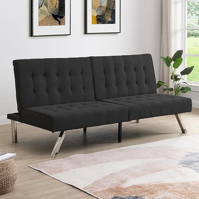 Modern Convertible Futon Sofa Bed Adjustable Loveseat Futon Couch with Metal Legs Upholstered Sofa Bed with Wood Frame Sleeper Couches for Small Compact RV Living RoomOffice (Black-Fabric)