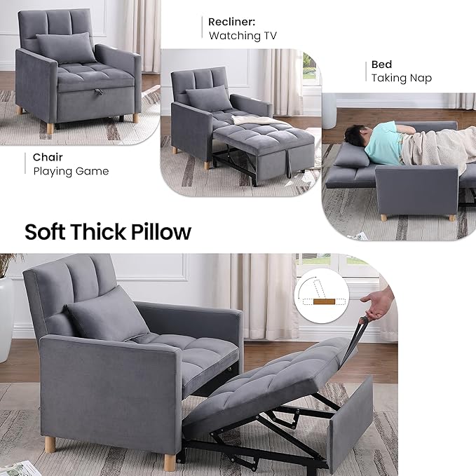 70'' Convertible Chair Bed Extra Long Teddy Fabric Single Pull Out Sofa 4 in 1 Adult Sleeping Recliner With Pillow Adjustable Backrest Gray