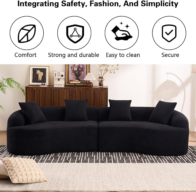 110 Black Curved Boneless Couch with Cushions Modern Cloud Sofa for Living RoomChenille Sectional Minimalist Deep Seat Luxurious No Assembly