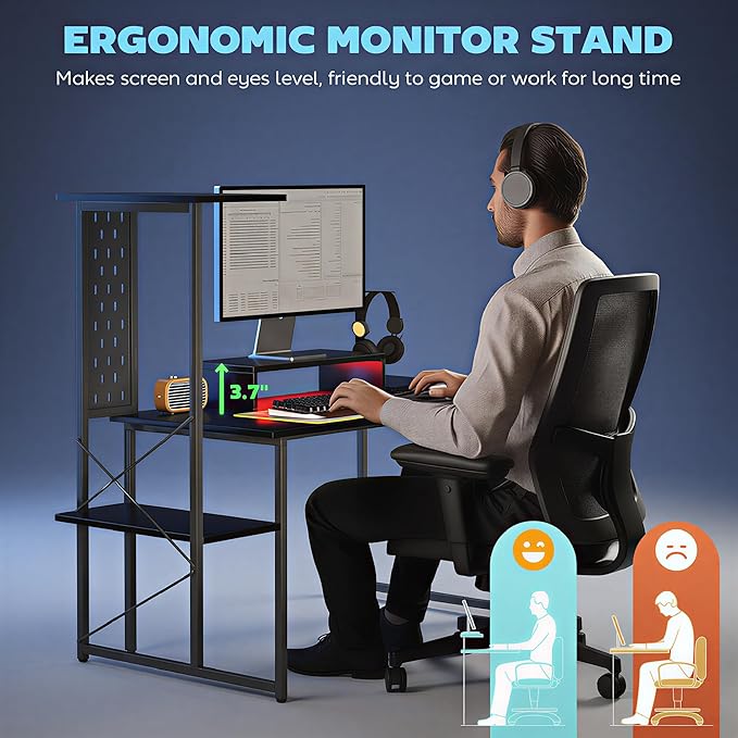 HOMCOM 56 Gaming Desk with Monitor Stand Power Outlets and LED Lights Computer Desk with Storage Shelves Fabric Drawers 2 CPU Stands Pegboard for Home Office Black