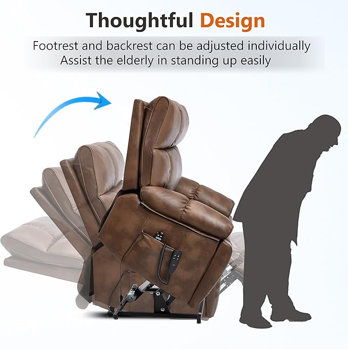 Oversized Power Lift Recliner Chair for Elderly Dual Motor Lift Chair with Vibration Massage &amp Lumbar Heating Standing Assistance Recliner with Cup Holders for Living Room - Faux Leather Brown