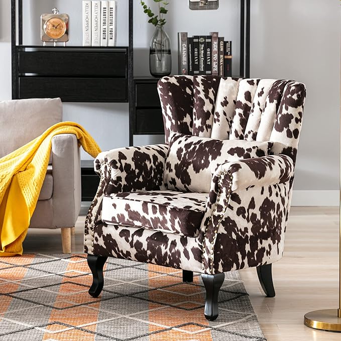 chairus Mid-Century Modern Accent Chair Comfy Single Sofa Chair Channel Back Armchair with Small Pillow for Living Roon Bedroom Club - Velvet Cow