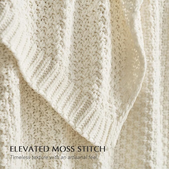 EVERGRACEHOME Chunky Chenille Knit Throw Blanket for Couch Soft Luxurious Moss Stitch Blankets for Bed Cozy Decorative Farmhouse Knitted Throws for Sofa Ivory White 60 x 80