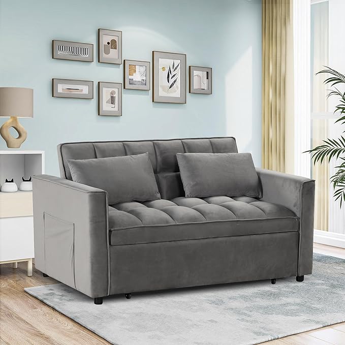 EBELLO 3 in 1 Convertible Sleeper Sofa Bed Modern Loveseat Couch Pullout Bed for Living Room Small Love Seat Lounge Sofa with Reclining Backrest Pillows and Side Storage PocketGrey