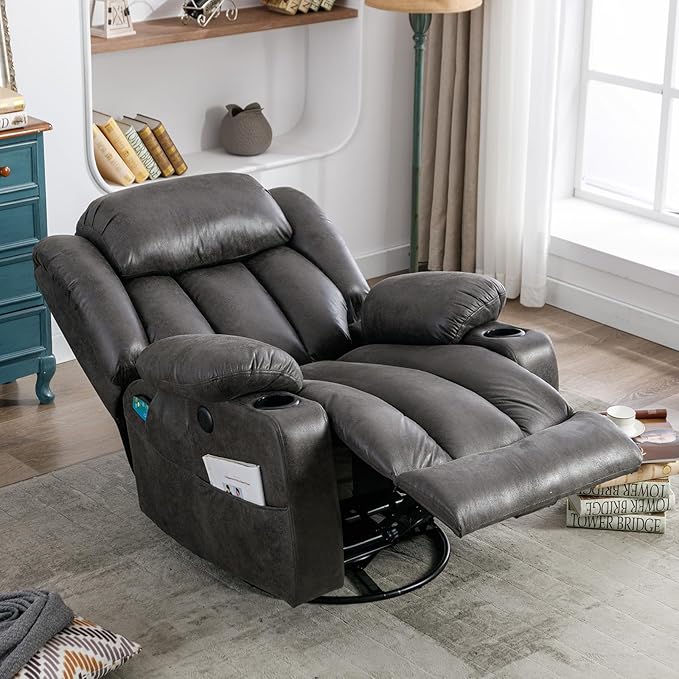 Manual Swivel Glider Rocker Recliner Chair with Heated Massage 360° Swivel Overstuffed Reclining Chair with 2 Cup Holders Side Pockets &amp USB Ports for Living Room Gray