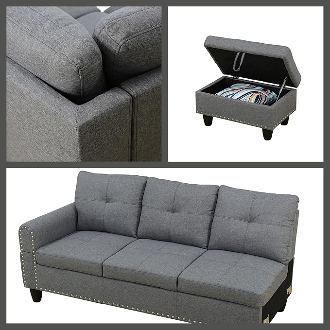 L Shaped Couches for Living Room Sectional Couch Living Room Furniture with Storage Ottoman Modular Sectional Sofa with Movable Chaise for Apartment Office Grey