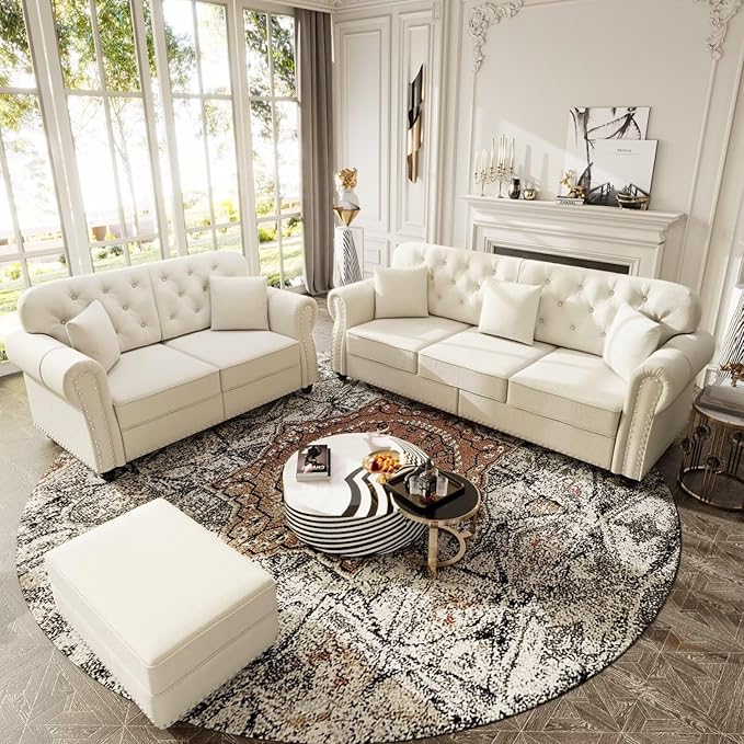 Beige Tufted Chesterfield Sofa Set with Rolled Arms &amp Nailhead Trim Velvet Upholstered Living Room Couch with Ottoman 3-Seater &amp Loveseat Solid Wood Frame Modern Classic Design
