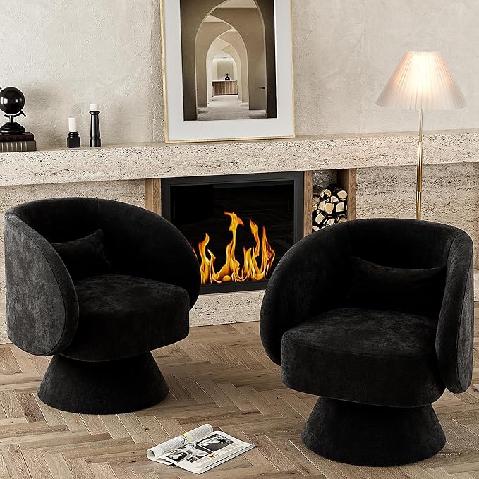 Swivel Barrel Chair Set of 2 Upholstered Swivel Cuddle Accent Chairs for Living Room Comfy 360 Degree Modern Small Round Armchair for Bedroom Office (Black Linen)