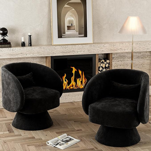 Swivel Barrel Chair Set of 2 Upholstered Swivel Cuddle Accent Chairs for Living Room Comfy 360 Degree Modern Small Round Armchair for Bedroom Office (Black Linen)