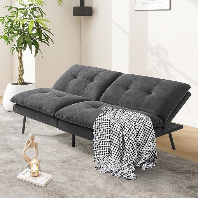 MUUEGM Futon Sofa Bed Couch - Convertible Sofa Bed Loveseat Sleeper Sofa with Adjustable Backrest Memory Foam Folding Futon for Living Room Small Space Apartment Office Gray to Black