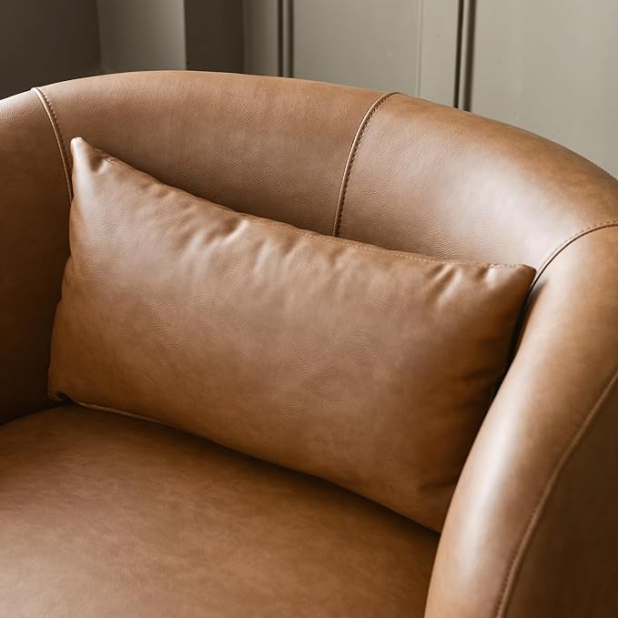 KINWELL Faux Leather Swivel Armchair Set of 2 No Assembly Upholstered PU Leather Swivel Accent Chairs with Toss Pillow for Living Room Office Lounge Camel