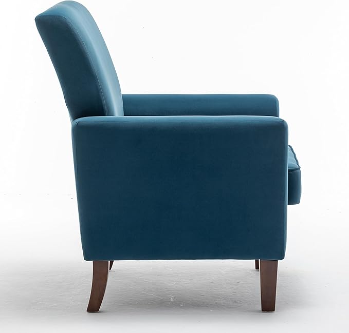 Contemporary Accent Arm Chair with Birch Wood Frame and Velvet Upholstery Armchair for Office and Living Room Decor Removable Cushions Greenish Blue