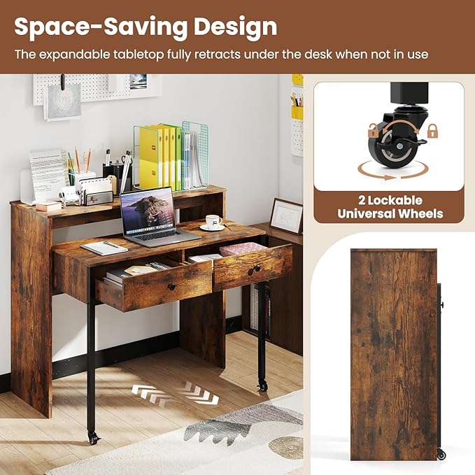 Giantex Small Computer Desk with Hutch &amp Drawers Extendable Writing Desk w/Pull Out Secondary Table Monitor Stand &amp Rolling Wheels Console Table Compact Desk for Small Spaces (Rustic Brown