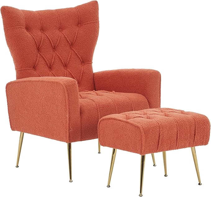 Modern Accent Chair with Ottoman Comfy Armchair for Living Room Bedroom Apartment Office (Brick red)