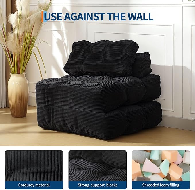 Garvee Folding Sofa Bed Convertible Sleeper Chair with Pillow Foldable Mattress with Back Support Boneless Fold Out Chair Bed Comfy Floor Sofa Lounge for Living Room Bedroom Black Single