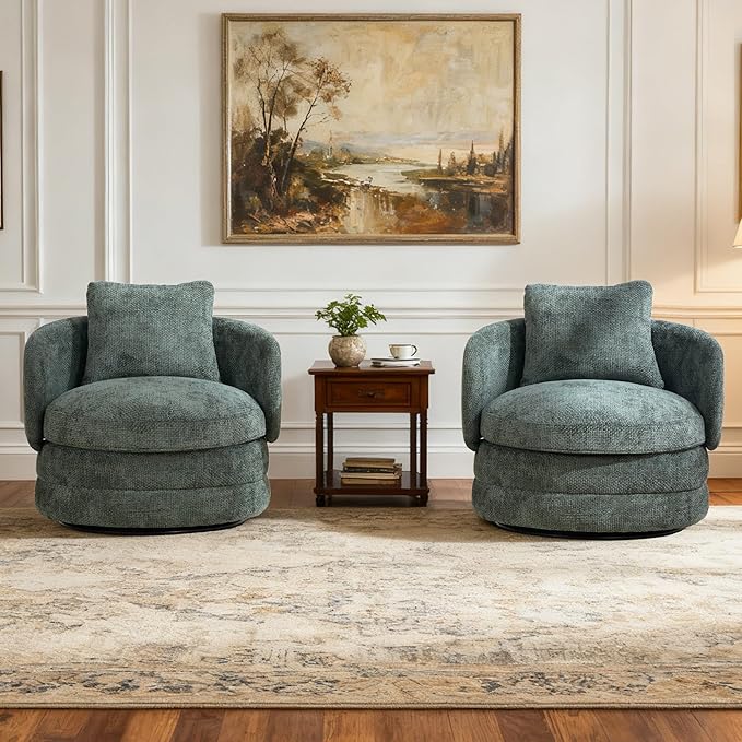 Aoiy &amp Wifon 30 W Swivel Barrel Chairs Set of 2 360 Degree Upholstered Swivel Accent Chairs Comfy Modern Living Room ArmChairs for Living Room Bedroom Reading Room Apartment Chenille Green