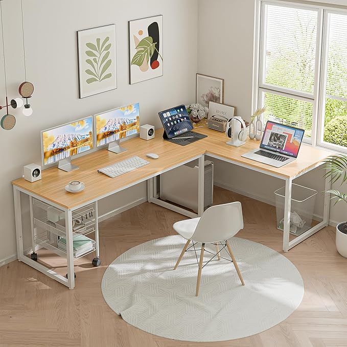 SUPER DEAL Computer Desk 55 Inch Modern Sturdy Office Desk PC Laptop Notebook Simple Writing Table for Home Office Workstation Natural Oak