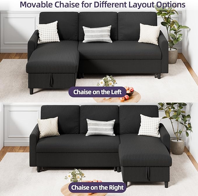 Sofa Bed Couch Sectiona Sofa 4-in-1 Multifunctional Pull-Out Couch Sleeper Sofa Couch with Storage Chaise Pullout Sectional Couches for Living Room/Office/ApartmentBlack