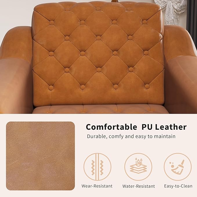 EJUNQ Cozy Accent ChairPU Leather Modern Living Room ChairsMid-Century Office Reading ChairSingle SofaArmchair for Bedroom Apartment Waiting Room(Brown1)