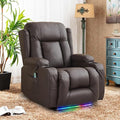 Power Recliner Chair PU Leather Home Theater Seating Chair for Adults with Massage &amp Heat Comfy Single Reclining Sofa Chair for Living Room with USB Port/Led Light/Cup Holder (Brown)