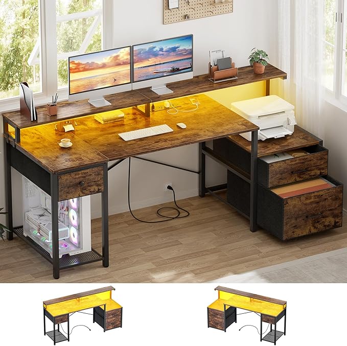 Aheaplus Computer Desk with 3 Drawers Home Office Desk with File Drawer &amp Power Outlet 59'' Gaming Desk with Led Lights Long Work Desk with Storage Printer Cabinet and Monitor Shelf Rustic Br