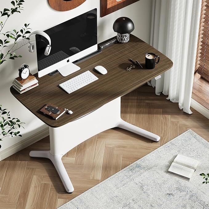 COLAMY Electric Adjustable Standing Desk – 48 x 28 Inch Sit Stand Desk with Drawer &amp Cable Management Dual Motor Lift System Ergonomic Footrest Home Office Table (MFC Desktop Walnut + White)