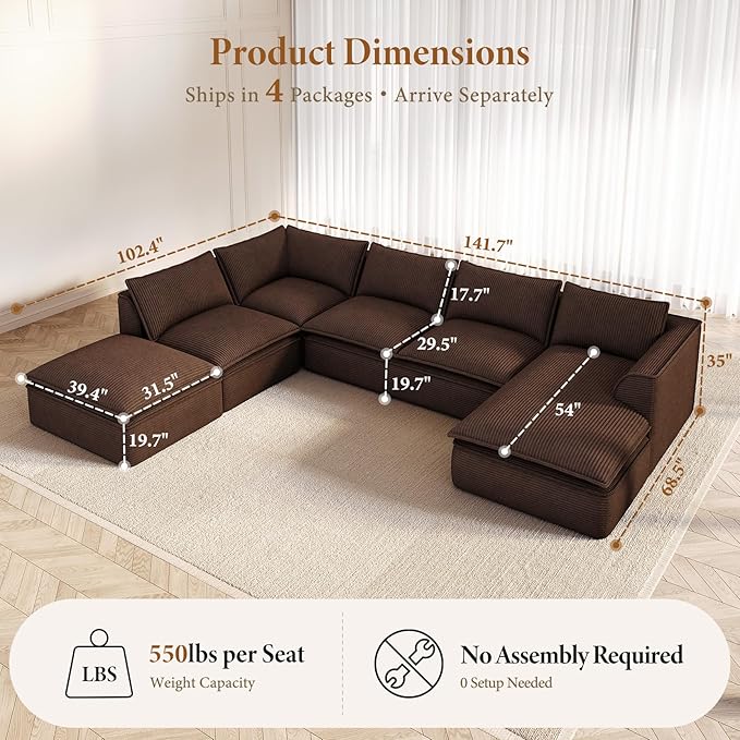 Vesgantti 141.7 Oversized Modular Sectional Sofa Modern 7 Seater Boneless Couch with Chaise and Ottoman Deep Seat Plush Corduroy Cloud Style for Living Room No Assembly RequiredBrown