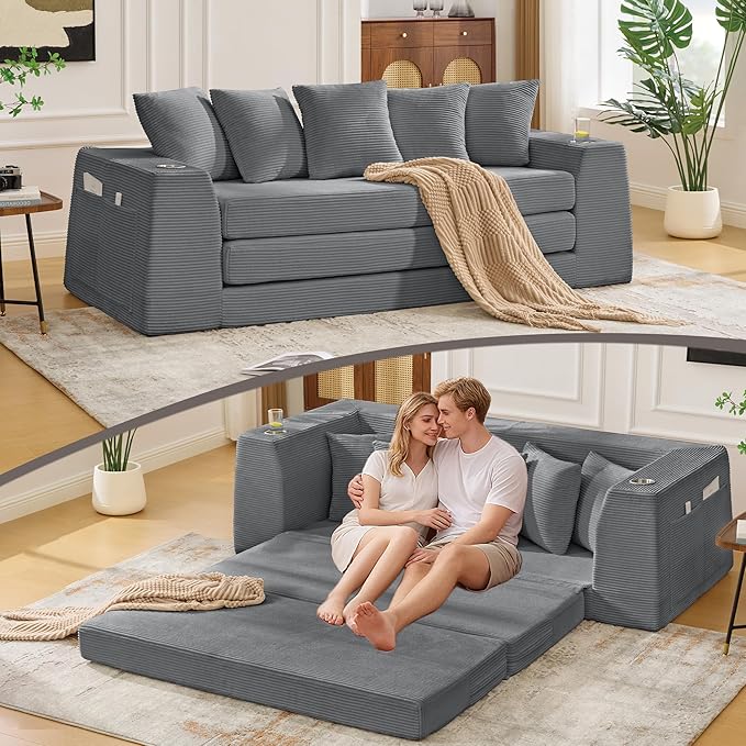 82'' Convertible Sofa Bed 2-in-1 Boneless Sleeper Sofa with Cup Holder &amp Pocket Corduroy Loveseat Sleeper Couch with 5 Pillows Pull Out Couch for Living Room Bedroom (Dark Grey)