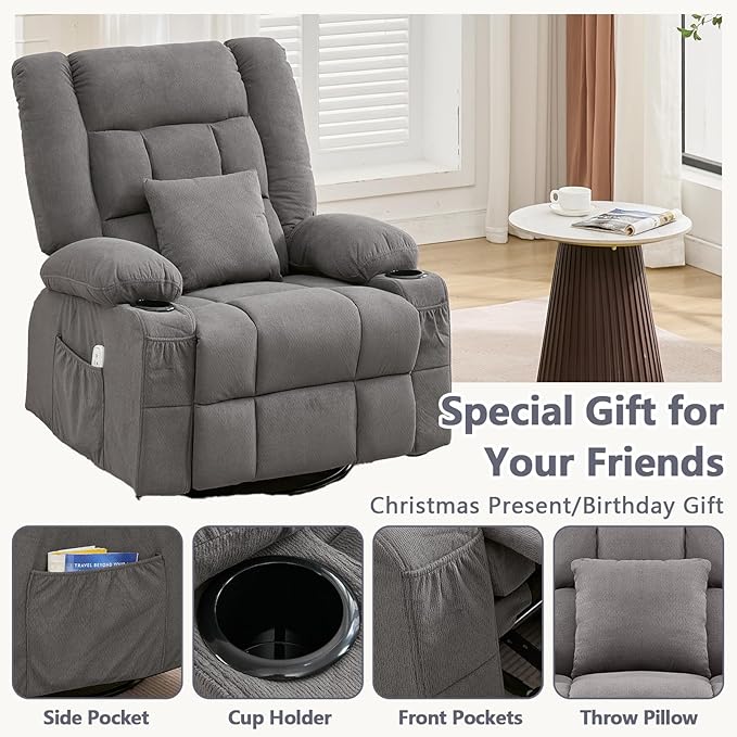 Oversized Swivel Rocker Recliner with Throw Pillow for Adult Kneading Massage Recliners Chair with Heat | USB | Cup Holders Gray Nursery Recliner Chair for Living Room Bedroom (Normal Grey)