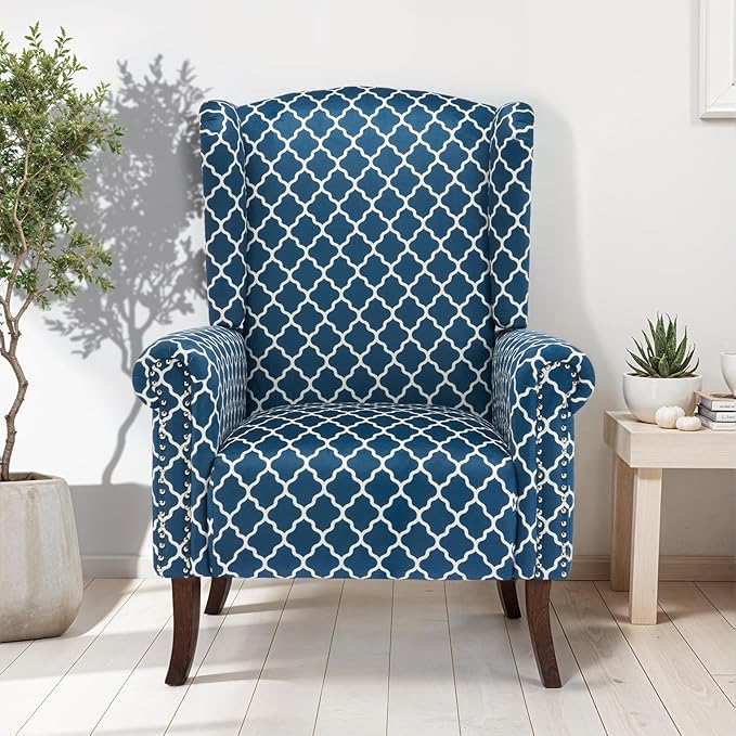 MOJAY Modern Accent Chair Comfy Wingback Armchair Blue Plaid Club Chair with Wooden Legs for Living Room Bedroom Office or Balcony