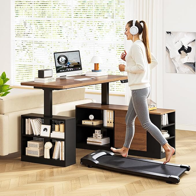 L Shaped Standing Desk Adjustable Height 53 Electric Office Desk with File Drawers &amp Storage Shelves Sit Stand Corner Computer Desk with Power Outlets Pegboard 6 Hooks Black &amp Walnut