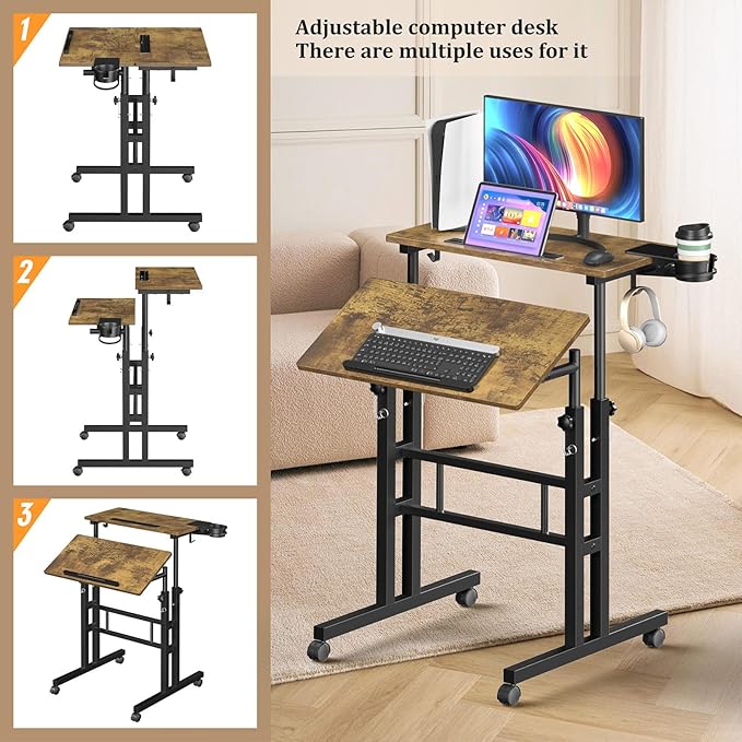 Small Standing Desk with Wheels Mobile Stand Up Desk Portable Standing Table on Wheels for Walking Pad Rolling Computer Desk Adjustable Height Tall Table