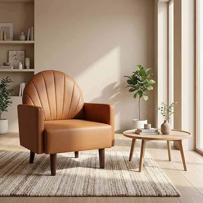 PU Accent Chairs for Living Room with High-Density Foam Cushion Mid-Century Single Sofa Armchair with Solid Wood Legs Upholstered Reading Chair for Bedroom Home Office (Shell Orange)