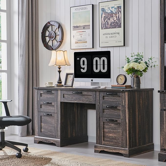 RedLemon 60 Executive Desk Farmhouse Home Office Desk with Drawers Charging Station Keyboard Tray File Drawer Storage Cabinet Wood Rustic Computer Writing Desk (Dark Rustic Oak)