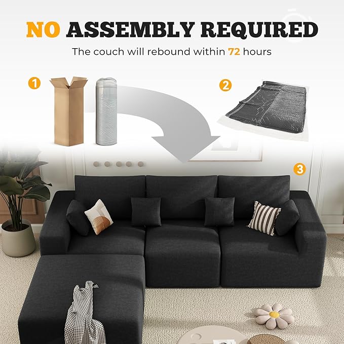 113 Modular Sectional Sofa Convertible L-Shaped Cloud Couches for Living Room with Ottoman 4 Seater Chenille Boneless Couch Sofa Set No Assembly Required Black 1 PCS