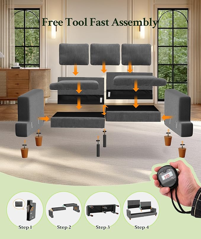 87.2 Couches for Living Room Comfy Grey Couch 7.5 Extra Thick Cushion Sofas for Living Room Tool-Free Setup Loveseat Sofa 848lbs Support Corduroy Couch for Bedroom Apartment Office