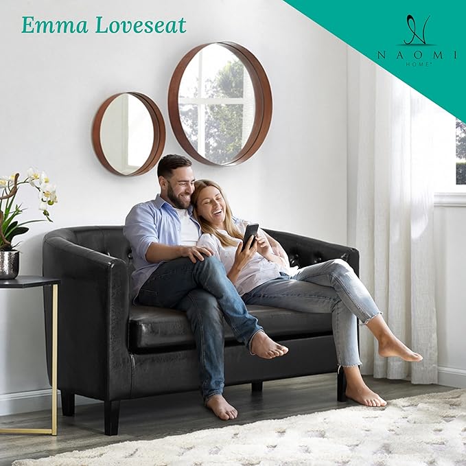 Emma Modern Loveseat Sofa – Faux Leather Love Seat Couch with Plush Cushions Solid Wood Frame Button-Tufted Design Stain-Proof Upholstery Small Loveseat for Bedroom Office &amp Small Spaces