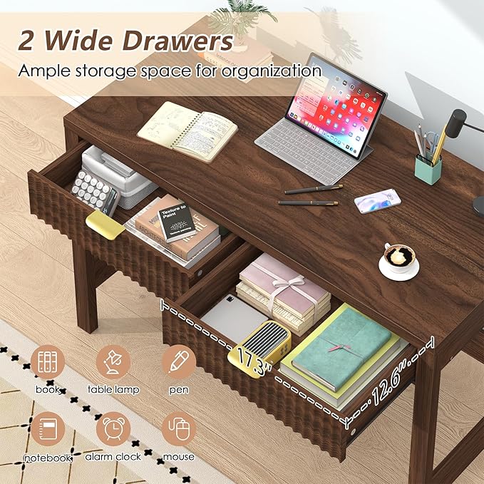 Fluted Computer Desk with 2 Drawers 39 Inch Small Computer Desk with Storage Compact Writing Study Desk for Small Spaces Walnut