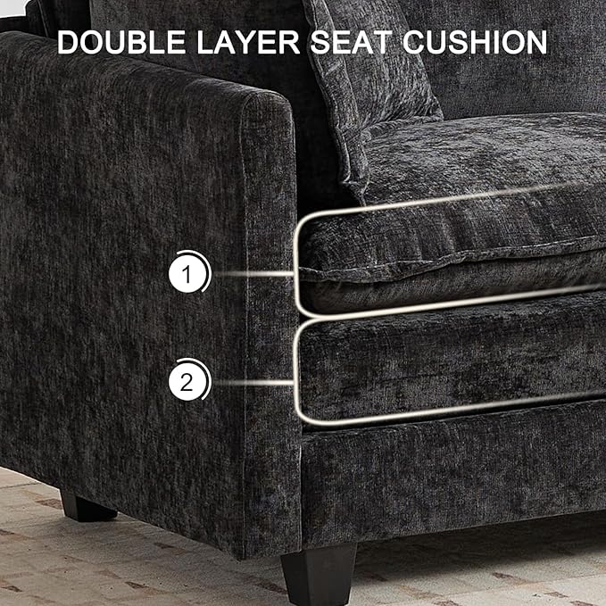 76.7” Modular Sectional Sofa Convertible Couches 2 Seater Chenille Deep Seat Cloud Couch Loveseat with Pillows for Living Room Apartment Office(Black)