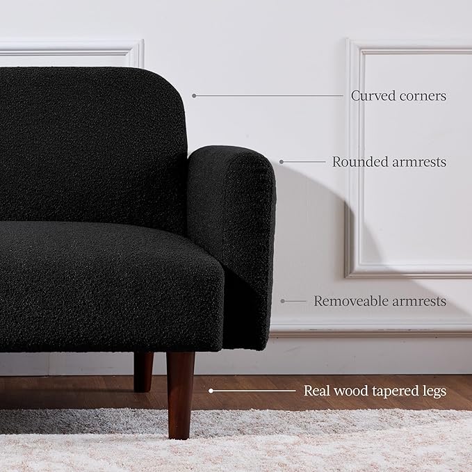 Best Choice Products 77 Mid Century Modern Boucle Loveseat Sofa Couch Convertible Sofa Sleeper Bed w/Real Wood Removable Armrest - Midnight Black