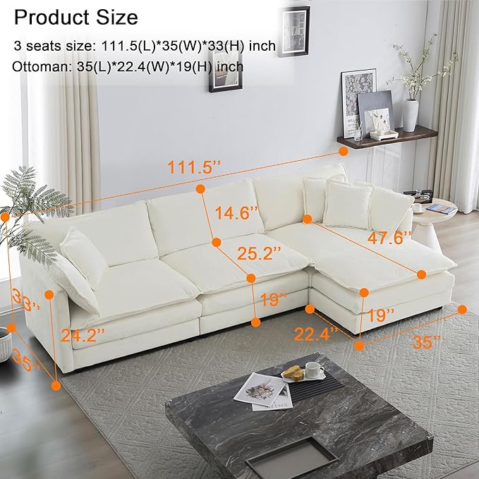 Cloud Sectional Couch 111.5 L Shaped Deep Seat Chenille Sectional Sofa for Living RoomComfortable Double Layer Sofa CushionWhite