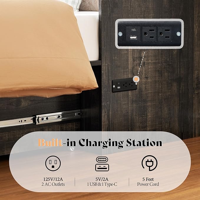 AMERLIFE Full Murphy Bed Cabinet with Charging Station and Storage Farmhouse Foldable Platform Bed for Guest Room Office Small Spaces Black Oak