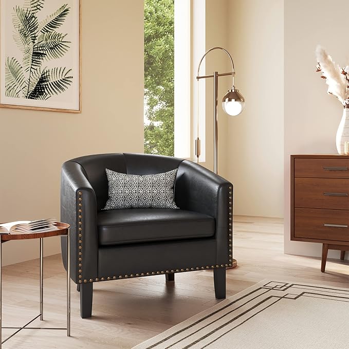 BELLEZE Accent Barrel Chair Set of 2 Modern Faux Leather Tub Club Chair Upholstered Armchair with Gold Nail Head Trim and Black Legs for Living Room Bedroom Apartment Lounge - Dark Brown