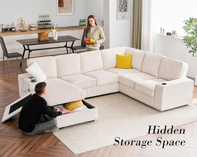 PaPaJet U Shaped Couch 112 Inch Oversized Couch with Storage Chaise Sectional Sofa with Cup Holders &amp 2 USB Ports Corduroy Beige Sofa