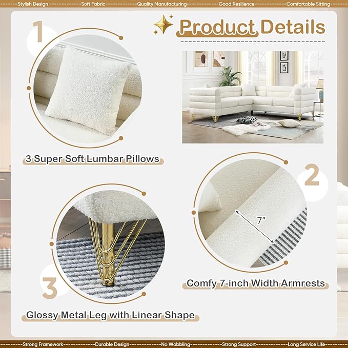 Comfy Boucle L Shaped Sofa 81.5 Oversized Sectional Couch with Deep Seated Design Upholstered Corner Sofa Couch with 3 Pillows Modern Couches for Living Room Apartment Waiting Room White Teddy