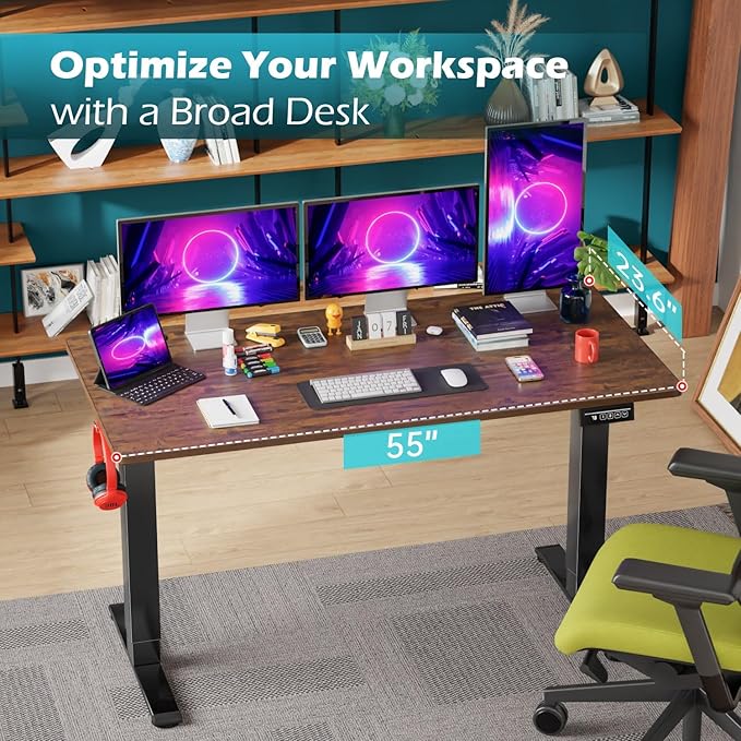 PayLessHere 55 Inch Electric Standing Desk Sit Stand up Desk Home Office Desk with Large Space Headphone Holder 2 Memory Function for HomeOfficeMeeting Room (Brown)