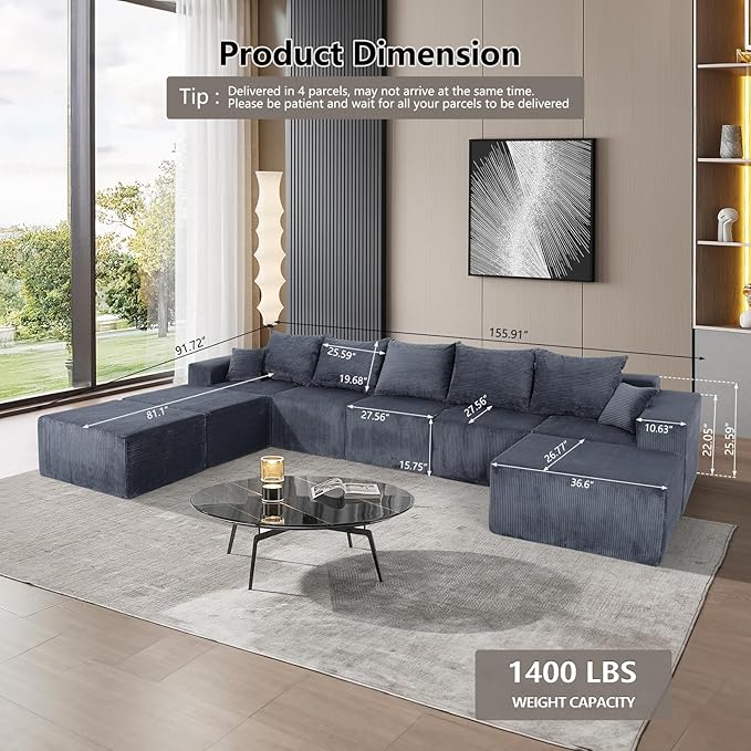 155 Oversized Cloud Boneless Couches for Living Room U-Shaped Modular Sectional Sofa with Deep Seat 8 Seater Boneless Couch with Ottoman &amp Pillows Corduroy DIY Combination Modular Couch Grey