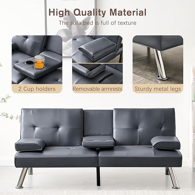 Convertible Futon Sofa BedPU Leather Modern Couch Loveseat Sleeper Folding Daybed Guest Bed Removable Armrests 2 Cup Holders Metal Legs (Gray)
