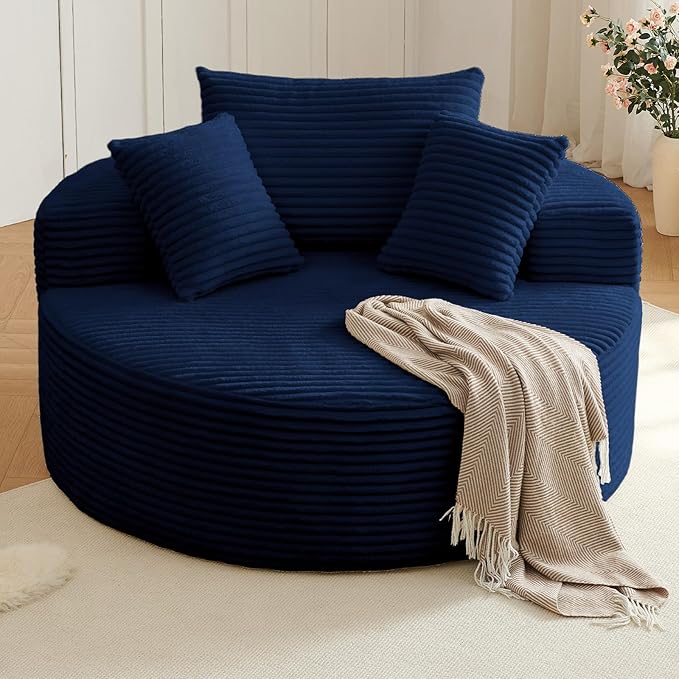 Oversized Round Chair Lounge Chaise Indoor Upholstered Corduroy Deep Seat Cloud Large Circle Sofa Chair No Assembly Required Fluffy Modern Sleeper Sofa Bed for Reading Living Room Dark Blue